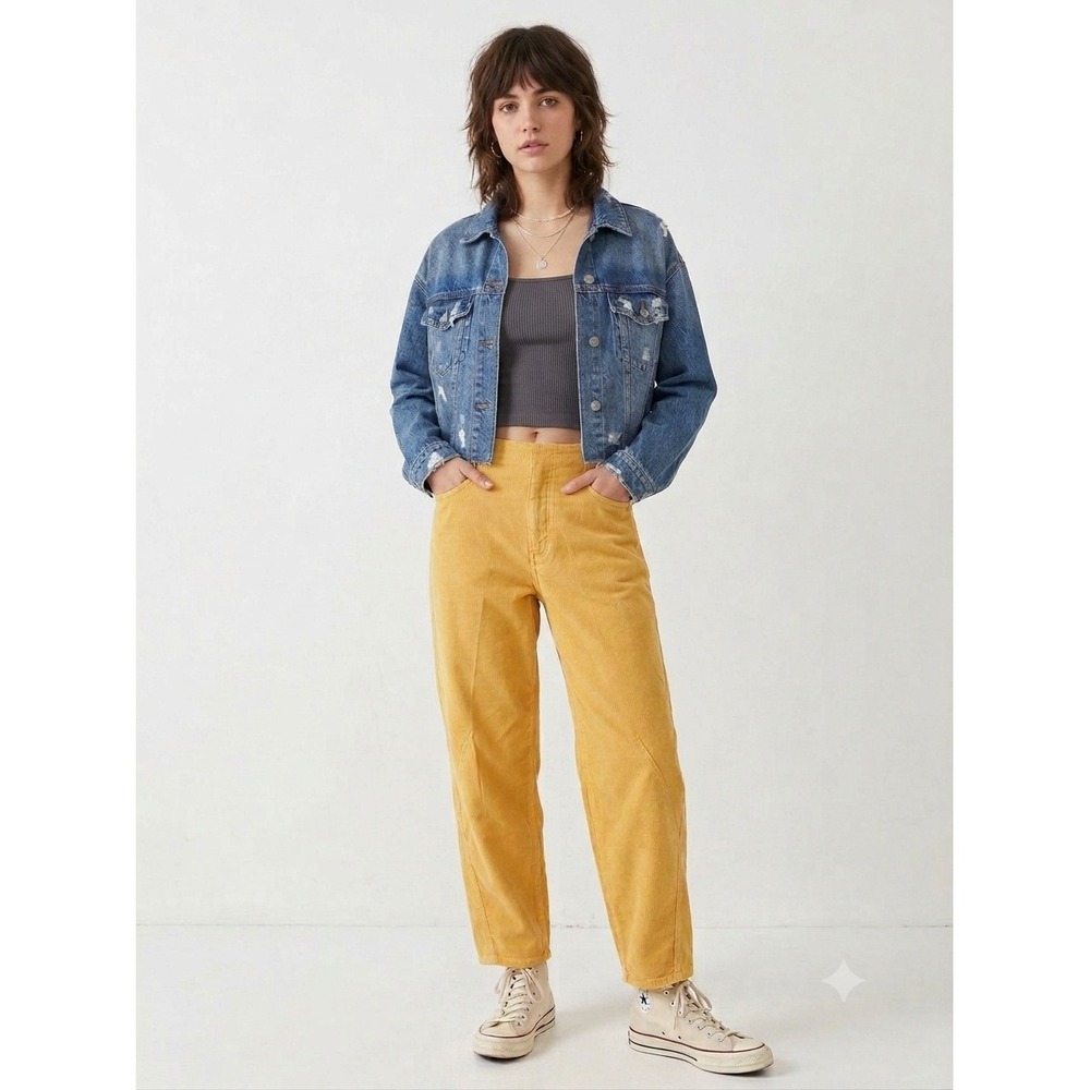 New Free People Pants 26 Barrel Horseshoe Corduroy Mustard Yellow High Rise Boho